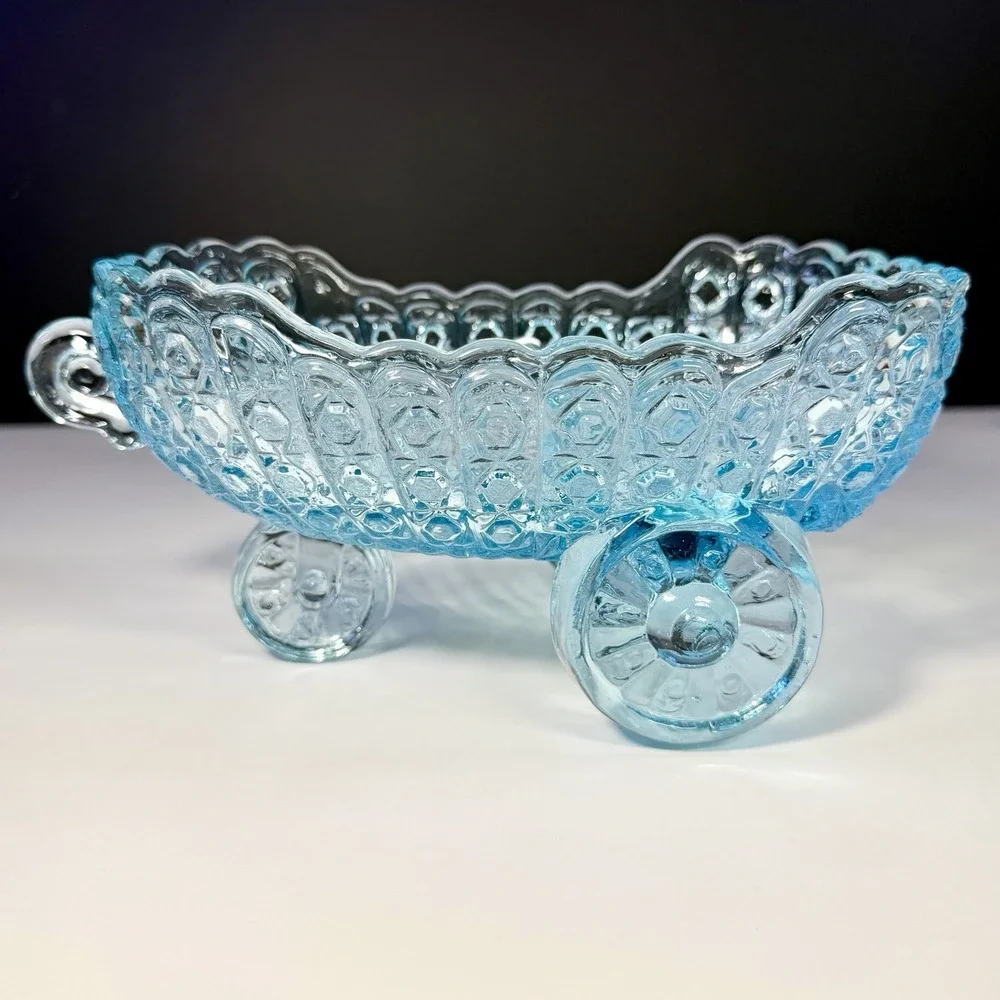 VTG McKee Aqua Glass Baby Carriage Coach Bowl Daisy & Button Candy Dish EAPG
